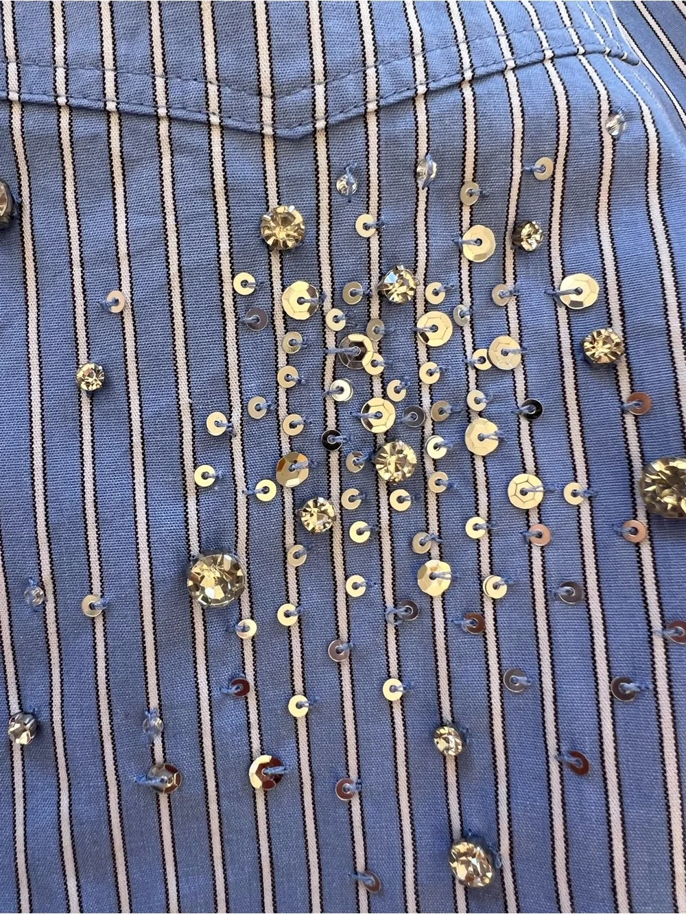 J. Crew Blue and White Pinstripe Embellished Button-Down Shirt